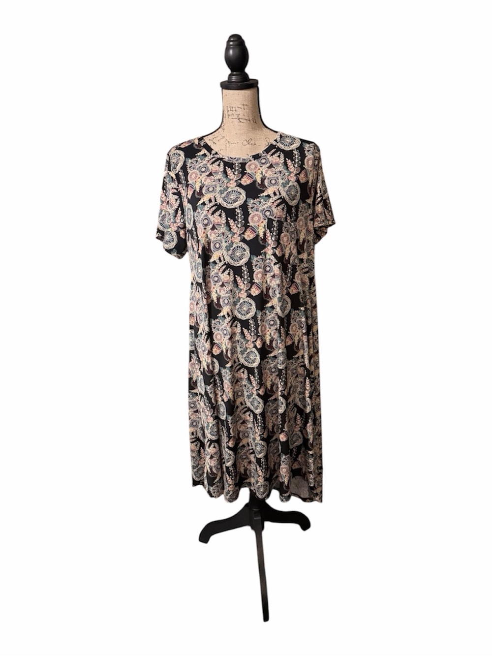 LuLaRoe Carly Black Paisley Asymmetrical Midi Dress with Cream & Blush Motif